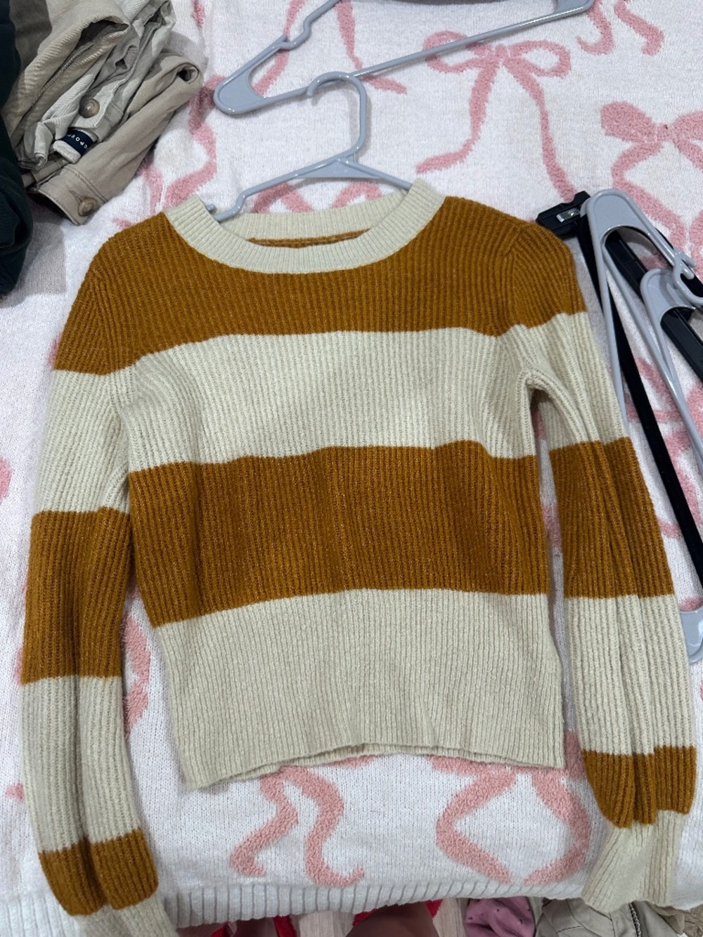 American Eagle Soft Ribbed Striped Sweater Small Brown Cream Cozy Fall Pullover